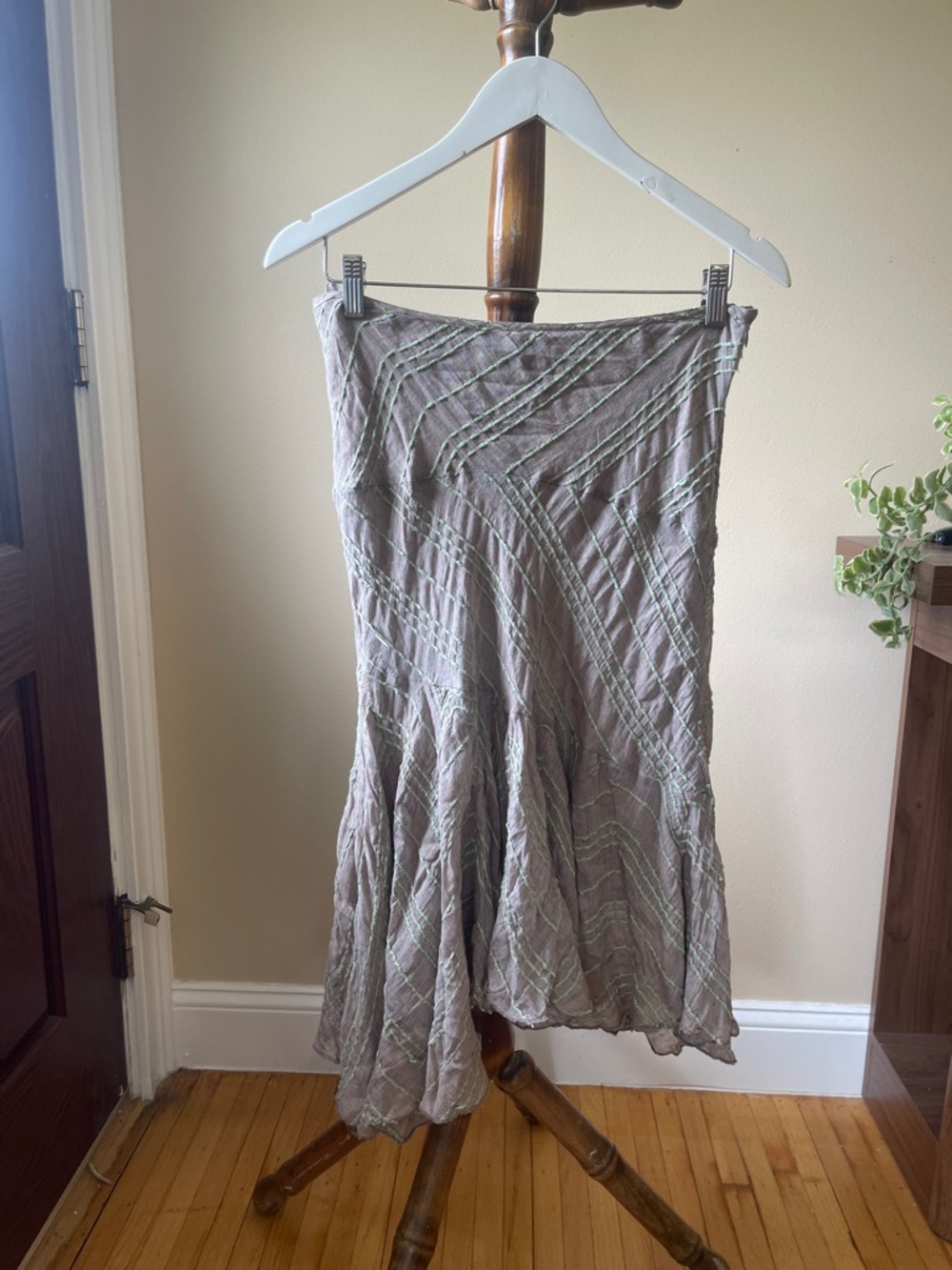 Free People Taupe Crinkled Midi Skirt with Green Threading